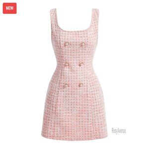 Sleeveless Plaid Tweed Mini Dress Square Neck Work Office Wear